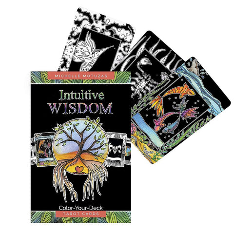 Tarot kortos Intuitive Wisdom komplektas su spalvinamu dėklu ir išfanuotomis ryškiomis kortų nugarėlėmis