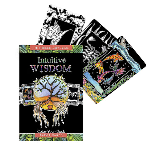 Tarot kortos Intuitive Wisdom spalvinamas rinkinys su juoda dėkle ir paruoštomis spalvotomis iliustracijomis ant kelių atverstų kortų
