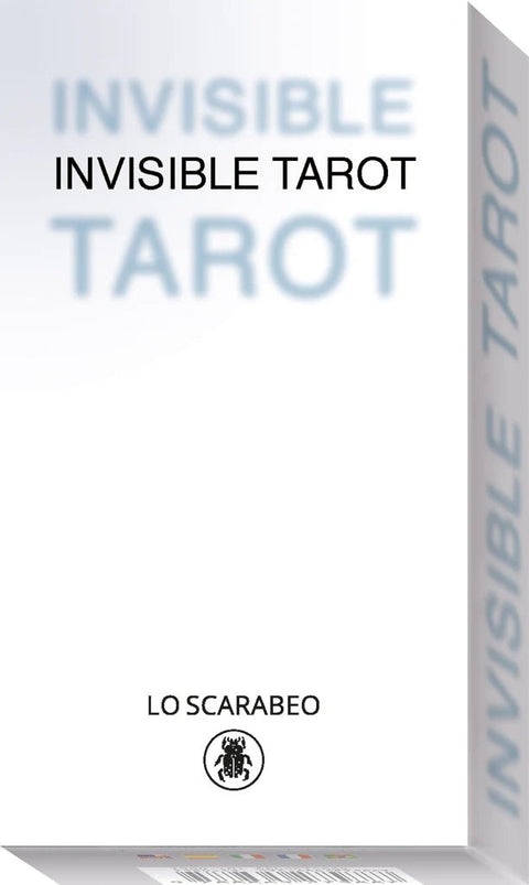 Invisible Tarot kortų rinkinys baltame minimalistiniame dėkle su matoma nugarėle, Lo Scarabeo prekės ženklas, priekinė ir šoninė perspektyva
