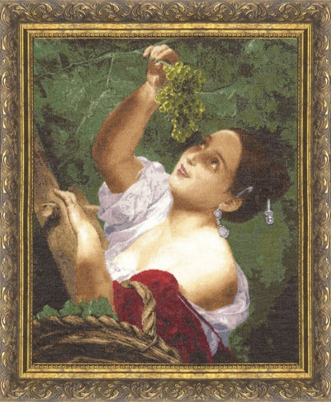 Sieninis paveikslas moteris su vynuogėmis, klasikinis auksinis rėmas, žalias fonas, 60×80 cm
