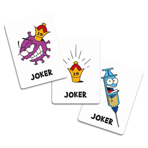Joker kortos, trijų skirtingų žaismingų dizainų rinkinyje — violetinis virusas su karūna, auksinė karūna ir mėlynas švirkštas