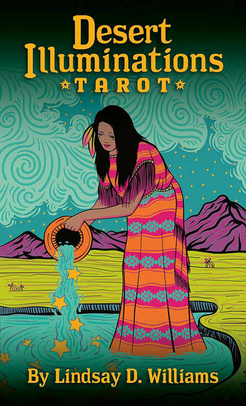 Desert Illuminations Tarot kortų rinkinys – spalvingas viršelis su moterimi, pilančia žvaigždes iš ąsočio, autorius Lindsay D. Williams
