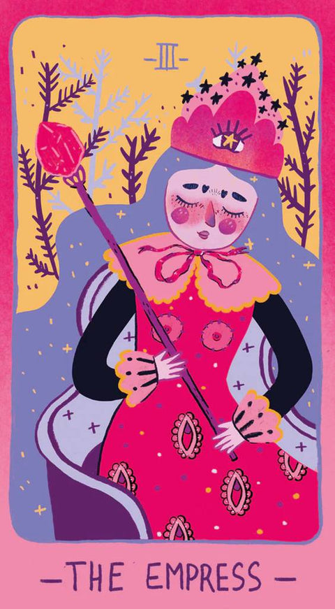 tarot korta Imperatorė, rožinė ir violetinė iliustracija, frontali kortos priekinė pusė su III ženklu ir pavadinimu