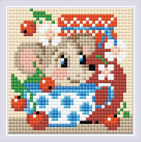 Deimantinė mozaika „Pelėkščiukas puodelyje“ 30×30 cm, pilnai užbaigta ir įrėminta, ryškios mėlynos ir raudonos spalvos