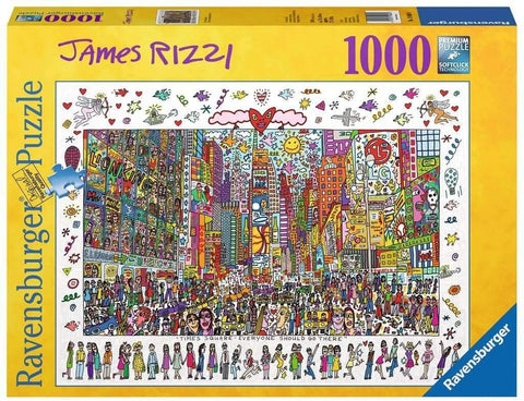Dėlionė Ravensburger 1000 det., James Rizzi šurmulinga Times Square iliustracija ant geltono dėklo