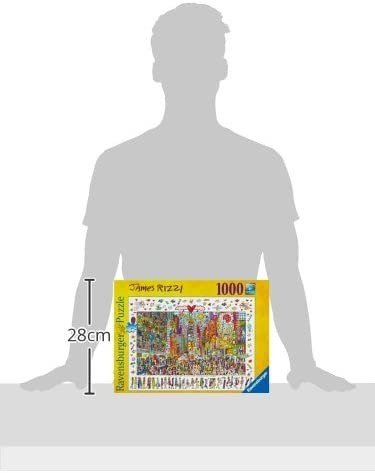 Dėlionė Ravensburger „James Rizzi“ 1000 dalių, dėžutės aukštis 28 cm prie žmogaus silueto, matmenų mastelis