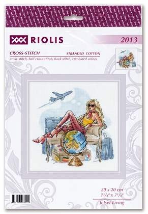 Kryželių siuvinėjimo rinkinys Riolis 20×20 cm – atostogų moters dizainas su lėktuvu ir pasaulio gaubliu