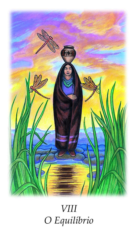tarot korta vaizduoja rudą apsiaustą moterį su vaza ant galvos, laumžirgiais virš ramios upės ir jos atspindžio