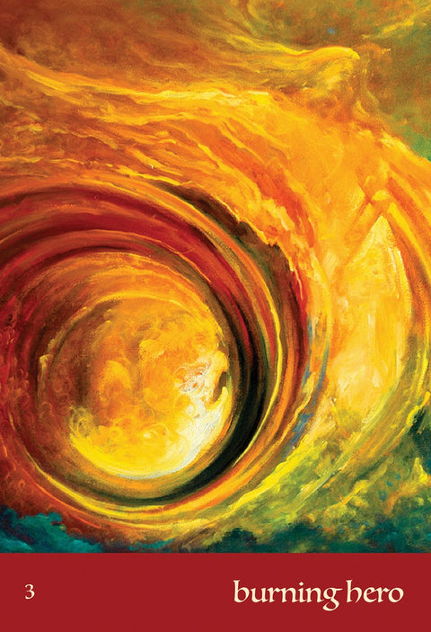 orakulų korta Burning Hero su ryškiais geltonais ir raudonais sūkuriais, priekinis paviršius, numeris 3, šilto tono variantas