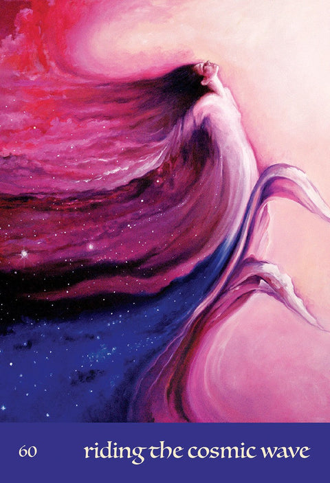 Plakatas "Riding the Cosmic Wave" rožinė‑violetinė kosminė kompozicija su figūra ir titulu apačioje, tinkamas meditacijos interjerui