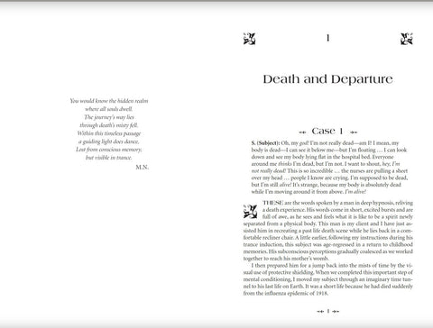 Knyga atversta: dvispalvis pirmojo skyrelio atidarymas su Death and Departure pavadinimu dešinėje ir eilėraščiu kairėje