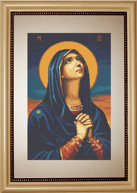 Ikona aukso rėmuota Švč. Mergelės Marijos portretinė mozaika mėlynais rūbais, skirta sienos dekorui