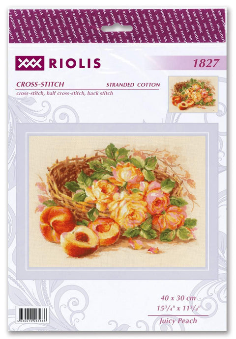 Kryželių rinkinys Riolis Juicy Peach, 40×30 cm, rožių ir persikų motyvas ant pakuotės, pilnas komplektas
