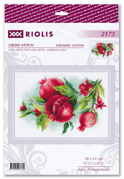 Siuvinėjimo rinkinys Riolis su sodriais raudonais granatais, 30 x 21 cm, spalvotos siūlų schemos.
