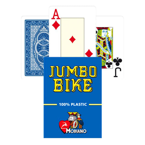 Kortų kaladė Modiano Jumbo Bike mėlyname dėkle; 100% plastikinės kortos, matomi tūzas ir karalius