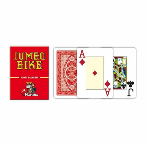 Kortos Modiano Jumbo Bike, raudona nugarėlė ir dideli „jumbo“ indeksai, 100% plastikinės, pavaizduotas dūrų tūzas