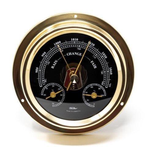 Barometras sieninis su žalvariniu rėmu ir juodu ciferblatu, rodantis oro slėgį, temperatūrą ir drėgmę