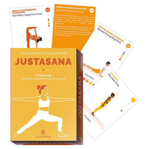Justasana jogos kortos — geltona Lo Scarabeo dėžutė su 110 praktikos kortelių ir kelių pozų pavyzdžiais