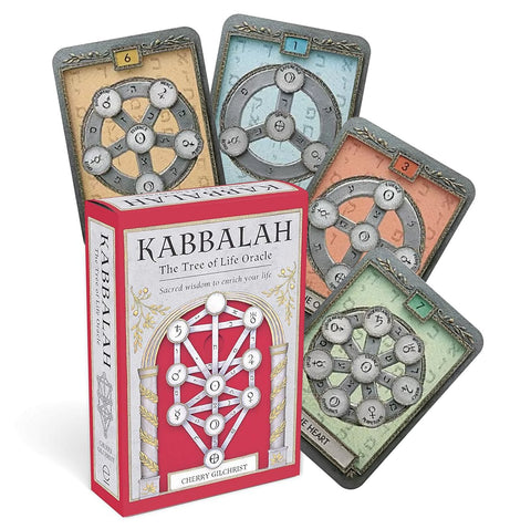 Kabbalah oracle kortos Cherry Gilchrist raudoname dėkle su penkiomis skirtingų spalvų kortomis, parodyta dėžutės ir kortų dizaino variacija