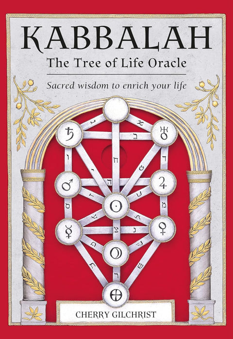 Kabbalah orakulo kortos Cherry Gilchrist, raudonas viršelis su aukso akcentais ir Gyvybės medžio diagrama centre