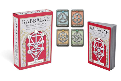 Kabbalah kortos Cherry Gilchrist, raudona stilinga dėžutė su pridedama knygele ir keturiomis pavyzdinėmis kortomis, rodomos iš priekio ir šono