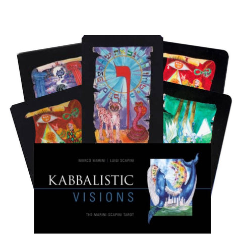 Tarot kortos Kabbalistic Visions su juodu dėklu ir penkiomis ryškiomis iliustruotomis kortomis, išsidėsčiusios vėduokle