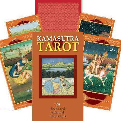 Kamasutra tarot kortos su 78 erotinių ir dvasinių kortų, oranžinė dėžutė ir atverstos iliustruotos kortos