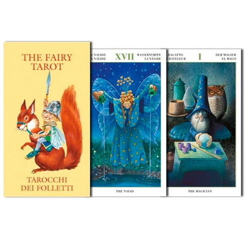 Taro kortos The Fairy Tarot – geltona dėžutė kairėje ir trys kortos centre/dešinėje: Naiad ir Magas