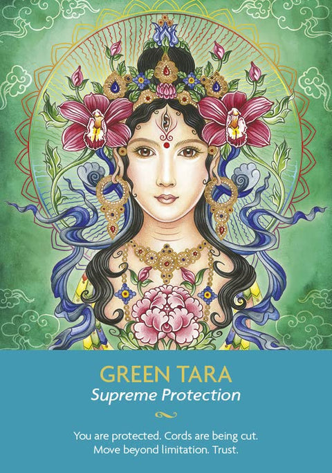 Green Tara kortelė – žalia apsauginė orakulų korta su frontaliu moters portretu, gėlėmis ir auksine aureole
