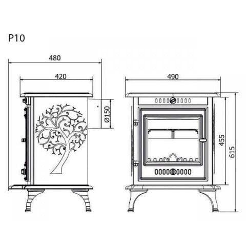 Krosnelė su techniniu brėžiniu ir pagrindiniais matmenimis — plotis 480/490 mm, aukštis 615 mm, dūmtraukis Ø150; žr. aprašymą