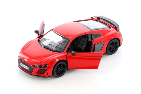 KiNSMART Audi R8 Coupé 2020 1:36 raudonas – lieto metalo modelis, atsidarančios durelės, trauk-atgal mechanizmas