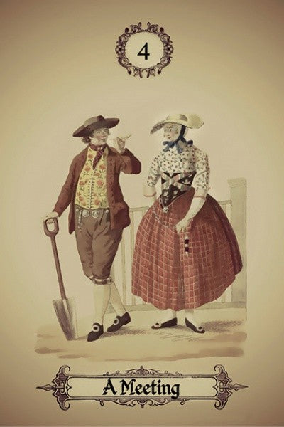 Plakatas vintage "A Meeting" (4): pora XIX a. drabužiais ant smėlio fono, raudonas languotas sijonas variantas