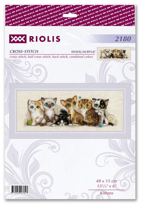 Kryželių rinkinys Riolis Kittens, siuvinio motyvas su šešiais kačiukais, pakuotė 40×15 cm, vilna/akrili