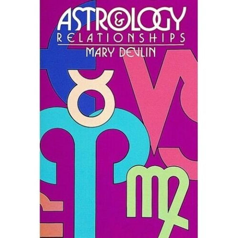 Knyga Astrology Relationships Mary Devlin, ryškiai violetinis viršelis su didelėmis spalvotomis zodiako piktogramomis