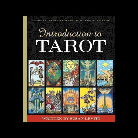 Tarot knyga Introduction to Tarot, aut. Susan Levitt — juodas viršelis su dideliu pavadinimu ir dviejų eilių iliustruotų kortų tinkleliu