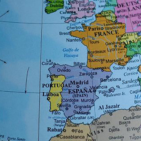 Sieninis Europos žemėlapis, rodantis Ispaniją, Portugaliją ir Pietų Prancūziją su miestų žymėmis