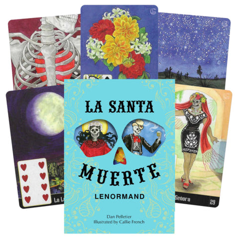 Lenormand kortos La Santa Muerte su turkio viršeliu ir fanuotais iliustruotais kortomis, 36 dalių rinkinys