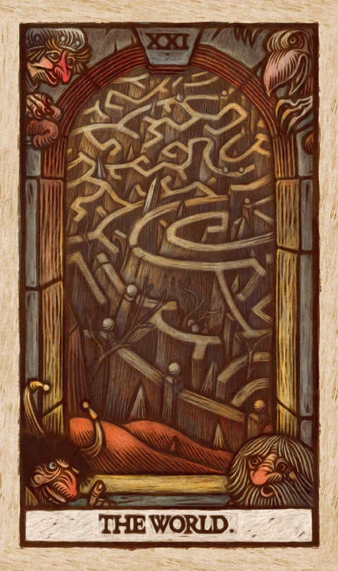 tarot korta The World — ruda iliustruota korta su arkos rėmu, abstrakčiais simboliais ir žemės tonų apdaila