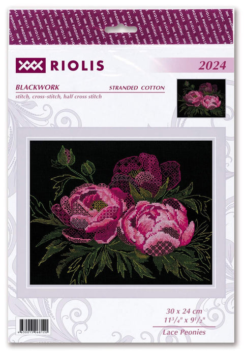 Kryželių rinkinys Riolis Blackwork, rožiniai bijūnai ant juodo audinio, 30×24 cm variantas su nėrinių raštu