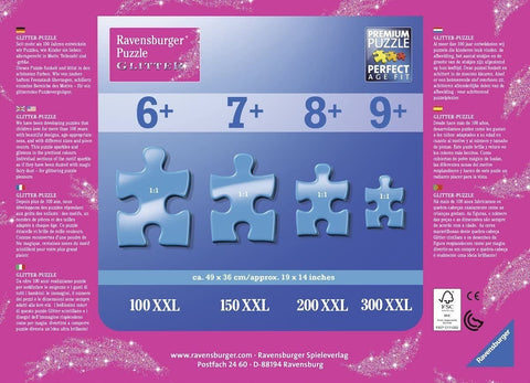 Dėlionė Ravensburger Glitter, XXL dalių palyginimas (100/150/200/300), nurodytos rekomenduojamos amžiaus grupės 6–9+.
