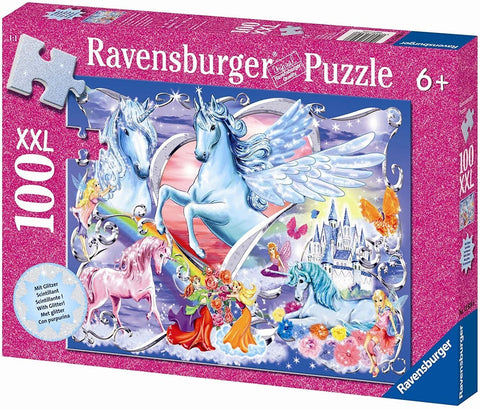 Dėlionė Ravensburger 100 XXL dalių su blizgiu vienaragių ir pegasų piešiniu, rožine dėžute ir 6+ žyme