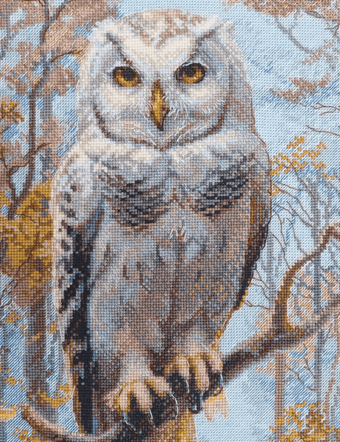 kryželių siuvinėjimas pelėda 40×50 cm, smulkūs dygsniai ir švelnios mėlynos–rudos spalvos, artimas detalės kadras