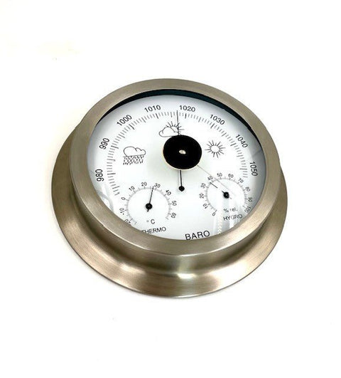 Barometras su nerūdijančio plieno rėmu, baltu ciferblatu, integruotu termometru ir higrometru, priekinis kampas