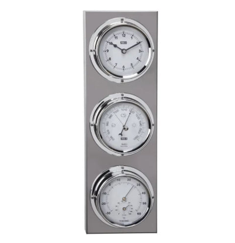 Meteorologinė stotelė su chromuotu rėmu, vertikali 3 vienetų kompozicija: laikrodis, barometras ir termometras