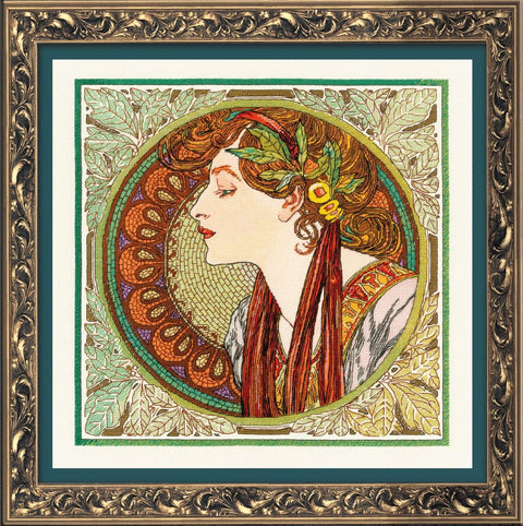 Paveikslas su Art Nouveau stiliaus moters profilio piešiniu, ornamentiniu auksiniu rėmu ir žalsvu pasieniu, kvadratinis