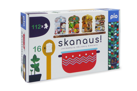 Edukacinė dėlionė „Skanaus!“ 3–7 m. – maisto kilmė, 16 puodų, PIO, pagaminta Lietuvoje