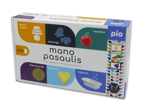PIO „Mano pasaulis“ lavinamosios kortelės – 210 vnt., vaikams 2–7 m., 6 temos, pagaminta Lietuvoje