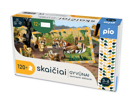 Lietuviška lavinamoji dėlionė „Skaičiai 1–12 ir gyvūnai“ 3–6 m., 12 dėlionių, 120 detalių
