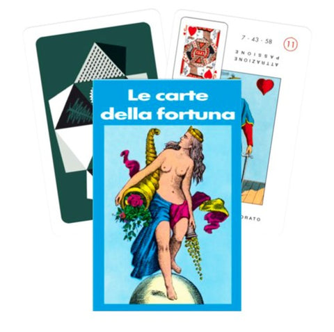 Likimo kortos 'Le carte della fortuna' – ryškiai mėlyna dėžutė su deivės iliustracija ir trijų kortų komplektas