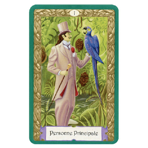 tarot korta Personne Principale: rožiniu kostiumu vyras laiko mėlyną papūgą prieš žalią džiunglių foną ir aukso rėmą